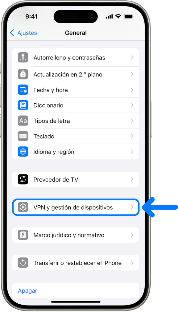 La pantalla de un iPhone con la opción “VPN y gestión de dispositivos” seleccionada.