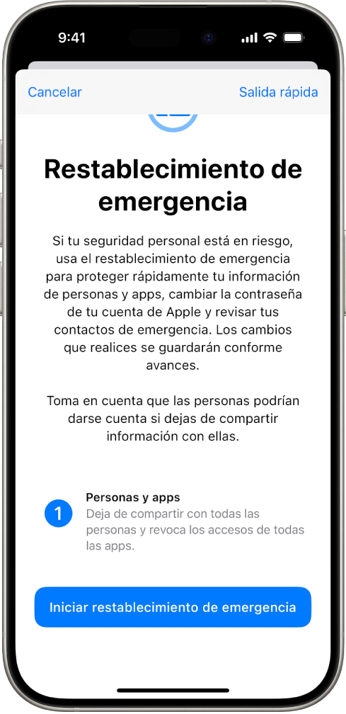 Pantalla mostrando el botón para iniciar Restablecimiento de emergencia.