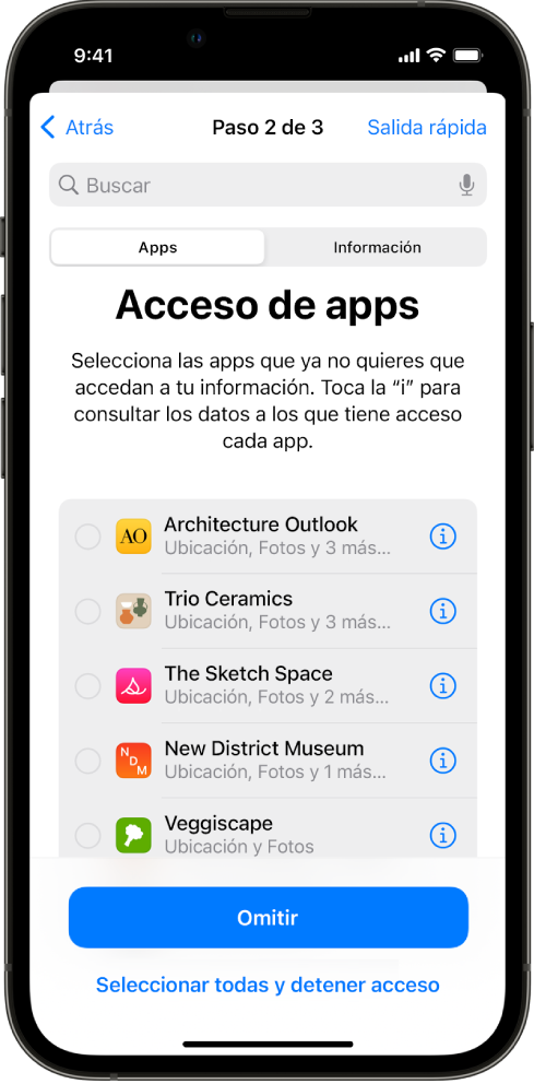 Pantalla de la revisión de seguridad mostrando información que se comparte con apps específicas.