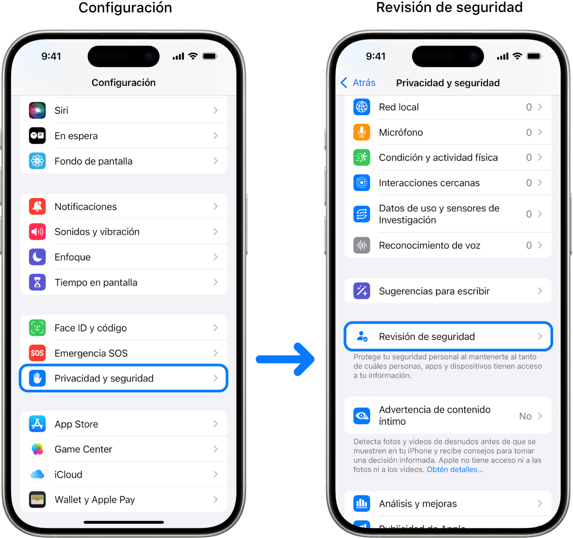 El procedimiento para acceder a la revisión de seguridad desde la app Configuración.