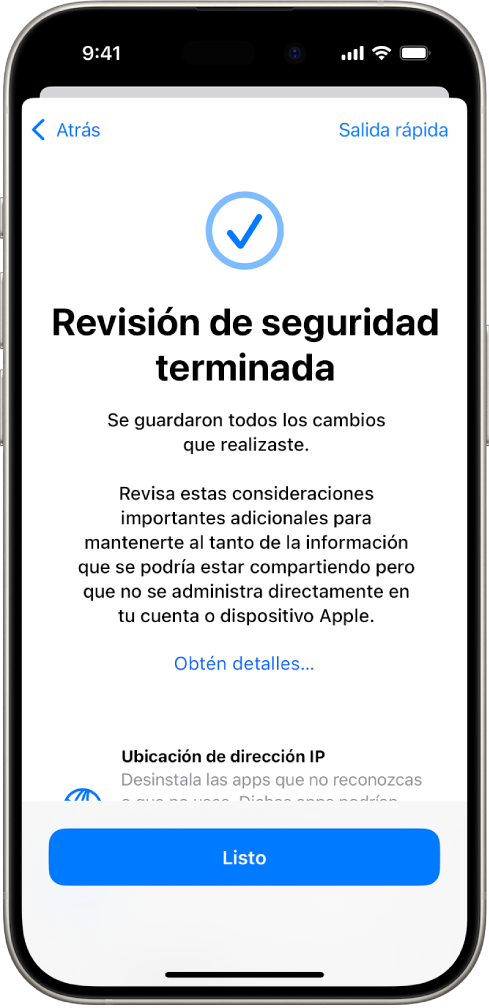 Pantalla de la revisión de seguridad mostrando que se completó la revisión.