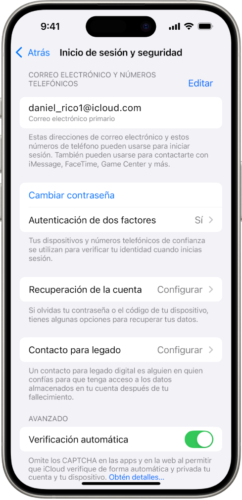 Pantalla de un iPhone mostrando que la autenticación de dos factores está desactivada.