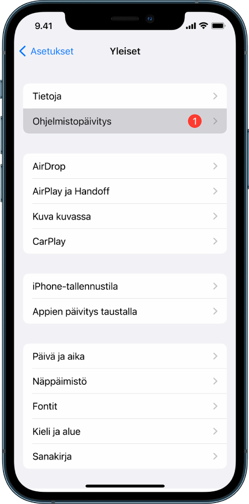 iPhonen näytöllä näkyy, että saatavilla on ohjelmistopäivitys.