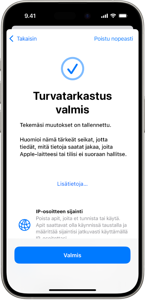 Turvatarkastus-näyttö, jossa näkyy, että Turvatarkastus on valmis.