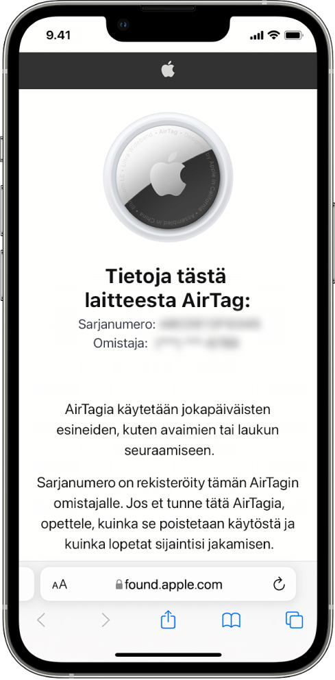 iPhonen näytöllä näkyy tietoja AirTagista.