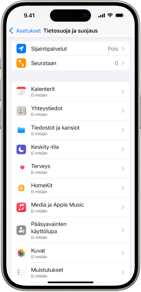 iPhone, jossa näkyy Asetusten Tietosuoja ja suojaus ‑näyttö.