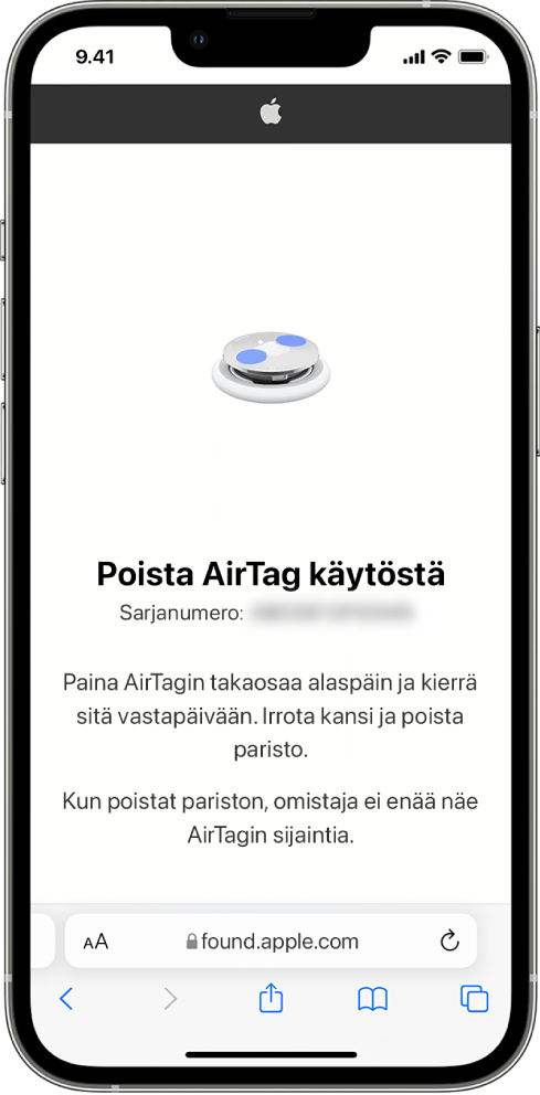 iPhonen näytöllä näkyy, kuinka AirTag voidaan laittaa pois päältä.