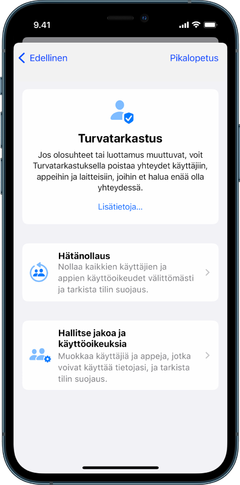 iPhone, jossa näkyy Turvatarkastus-näyttö.