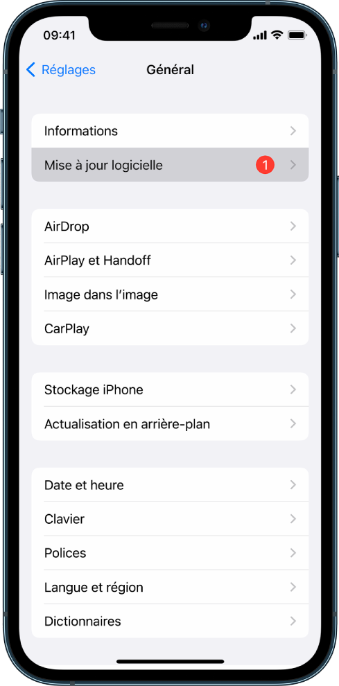 Écran d’un iPhone qui affiche qu’une mise à jour logicielle est disponible.