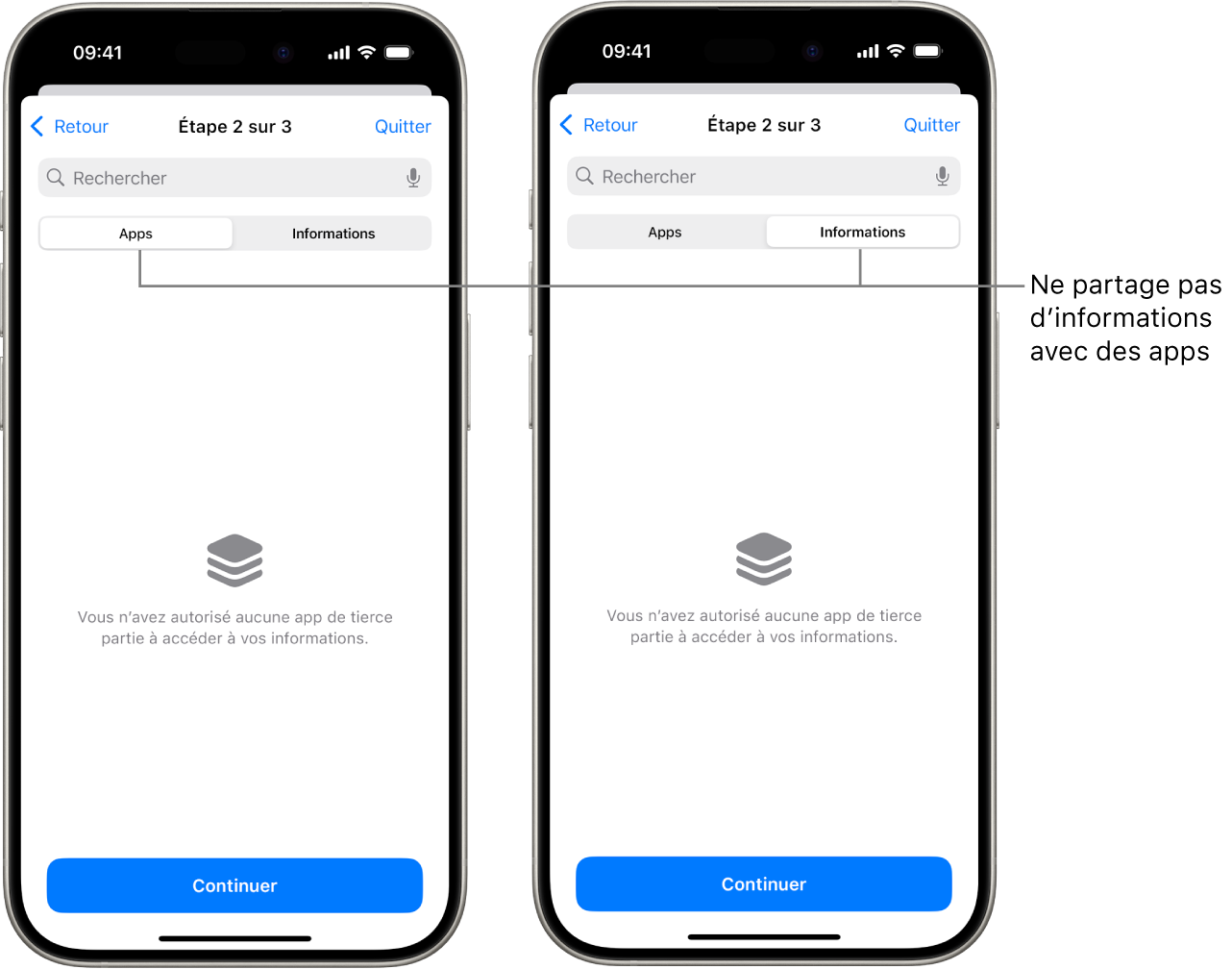 Un écran affichant qu’un utilisateur ne partage aucune information avec aucune app en sélectionnant l’onglet Apps et informations.