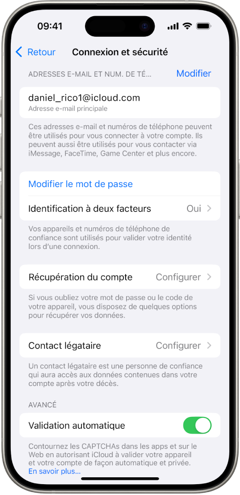 Écran d’un iPhone montrant l’identification à deux facteurs désactivée.