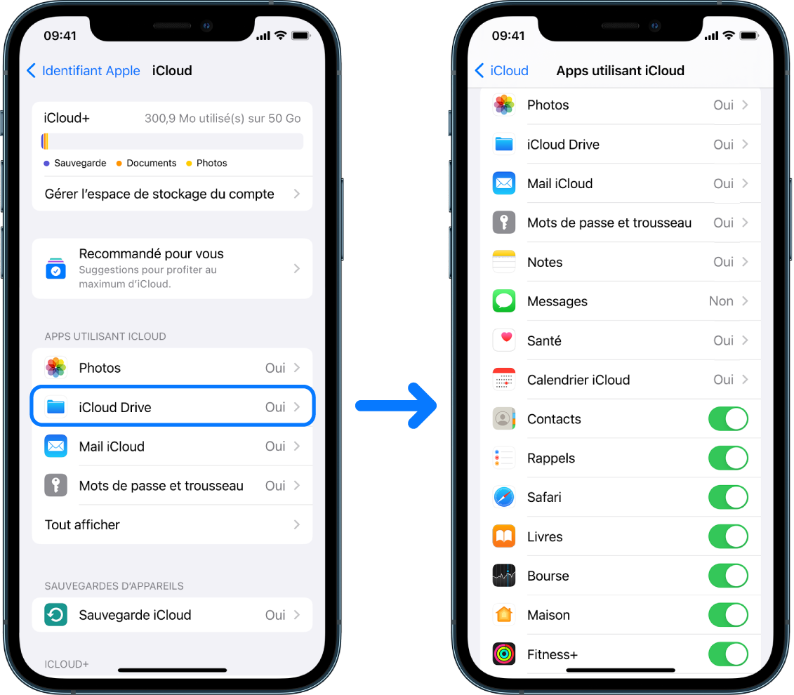 iPhone montrant un compte Apple connecté avec différents services iCloud activés.