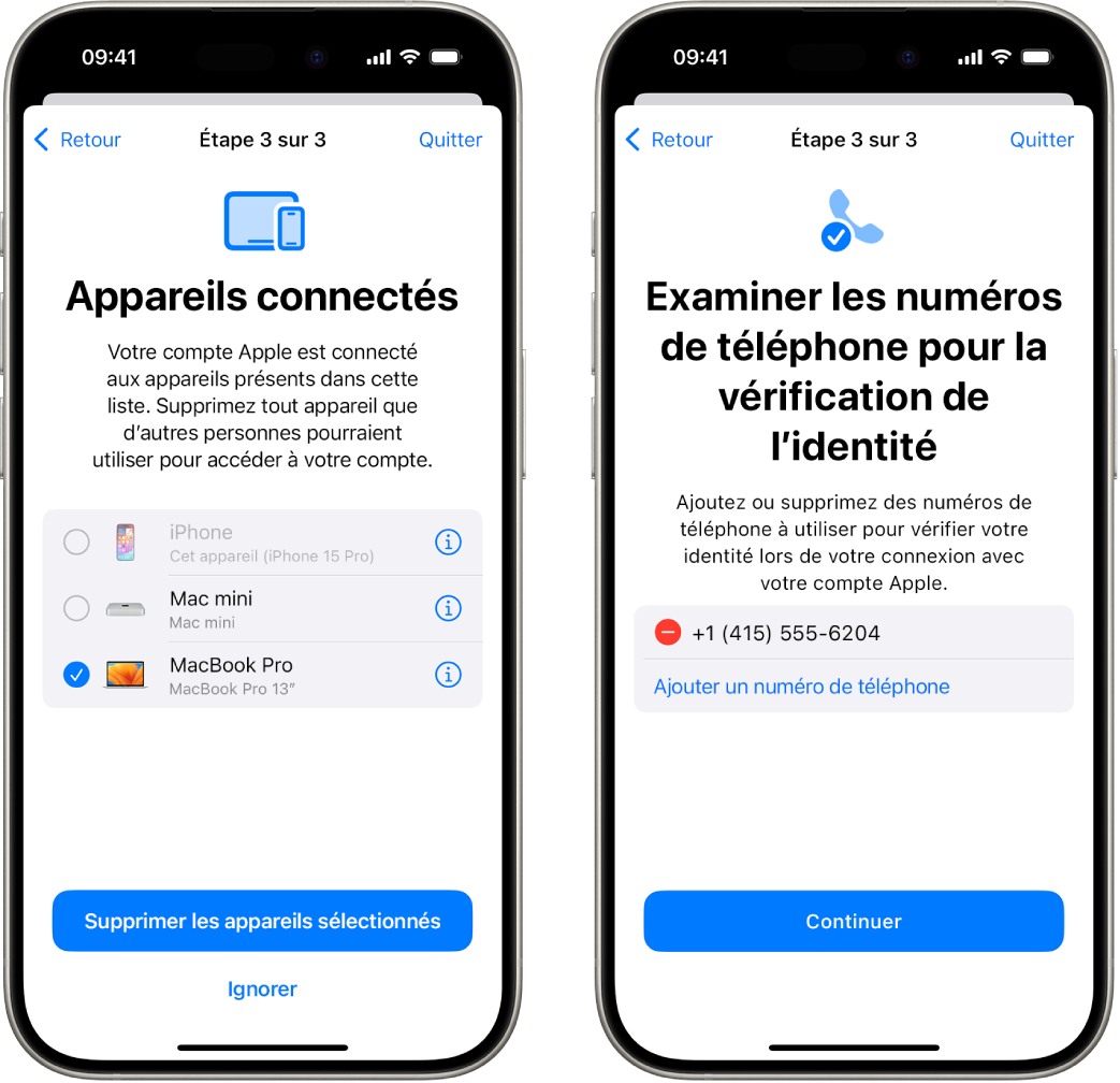 Deux écrans d’iPhone présentant (1) un appareil sélectionné à supprimer des appareils de confiance, (2) un écran permettant de modifier des numéros de téléphone de confiance.