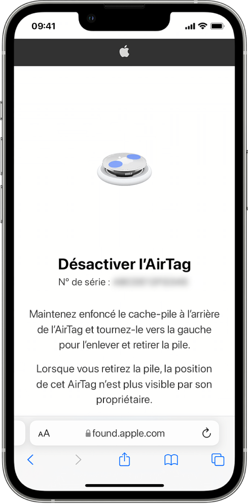 Écran d’un iPhone indiquant comment désactiver un AirTag.