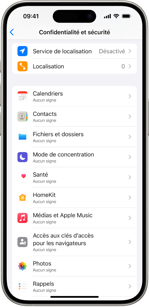 iPhone affichant l’écran « Confidentialité et sécurité » de Réglages.