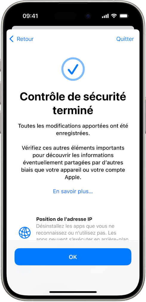 Un écran de Contrôle de sécurité indiquant que le contrôle de sécurité est terminé.