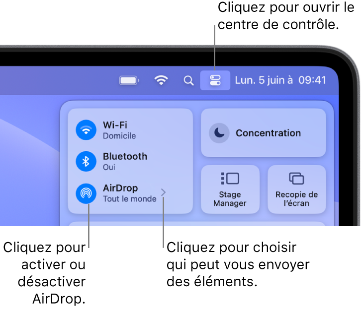 Utiliser AirDrop depuis le centre de contrôle.