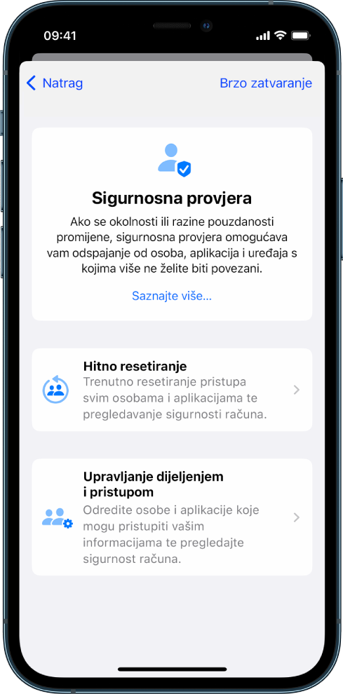 iPhone s prikazom zaslona Sigurnosne provjere