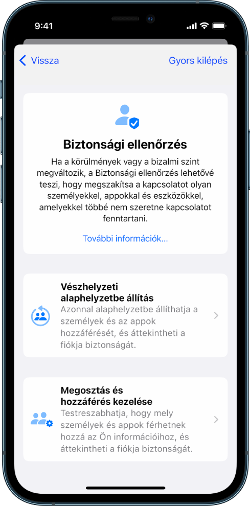 A Biztonsági ellenőrzés funkció képernyője egy iPhone-on.