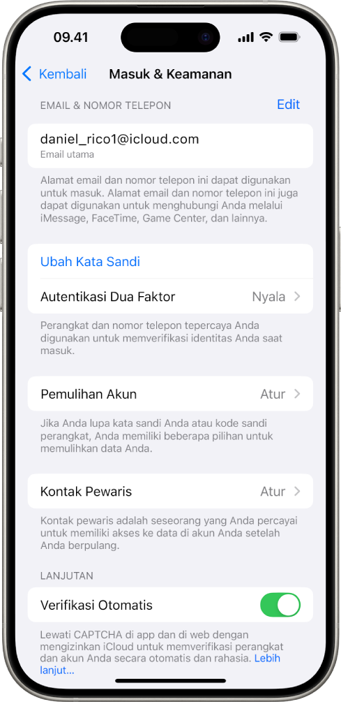 Layar iPhone menampilkan autentikasi dua faktor dimatikan.