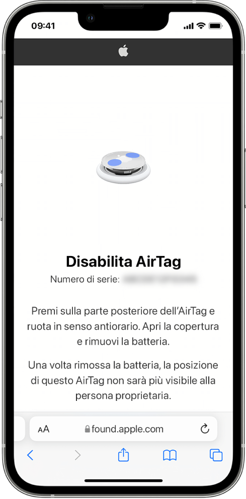 Uno schermo di iPhone che mostra come disabilitare un AirTag.