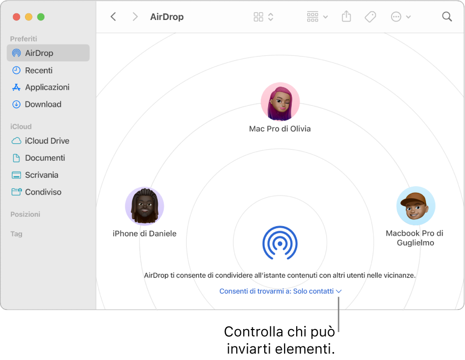 La finestra di AirDrop del Finder.