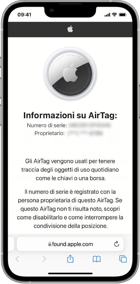 Uno schermo di iPhone che mostra informazioni su un AirTag.