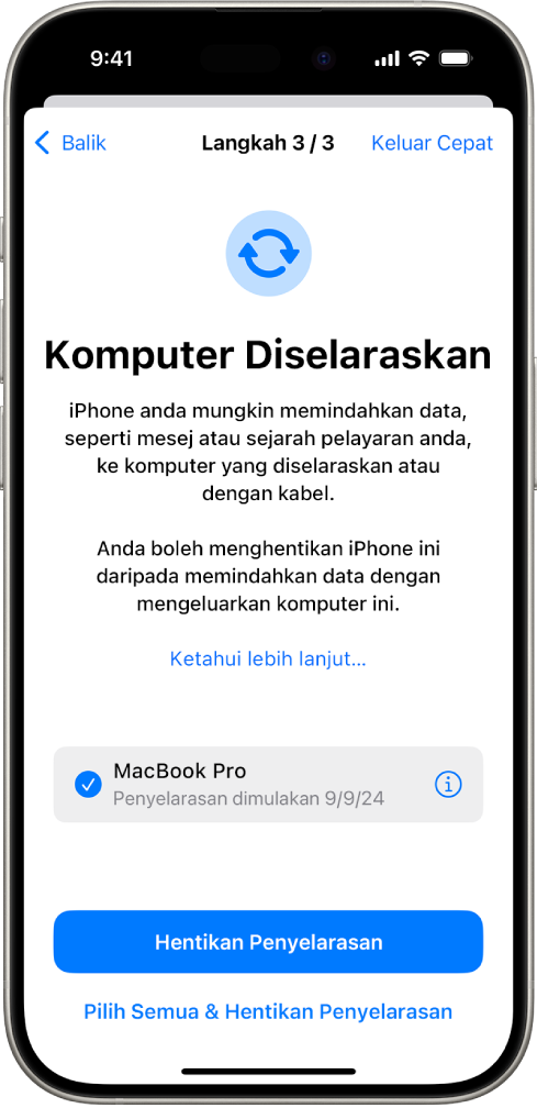 Skrin iPhone menunjukkan skrin Komputer Diselaraskan.