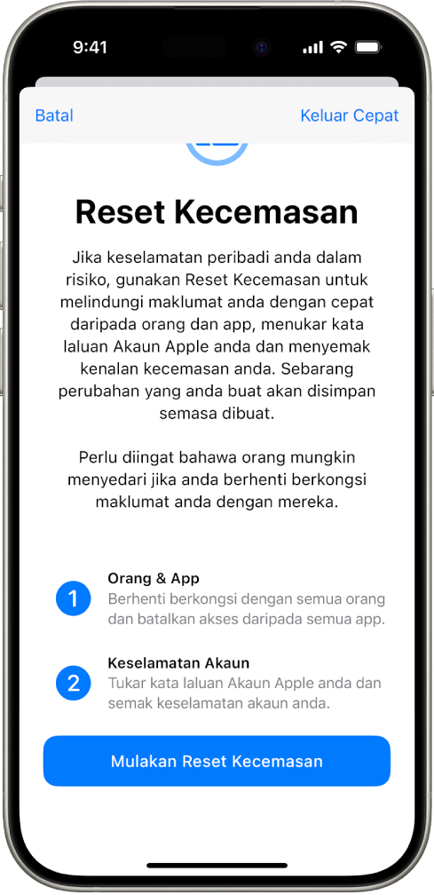 Skrin kemajuan menunjukkan butang untuk memulakan Reset Kecemasan.