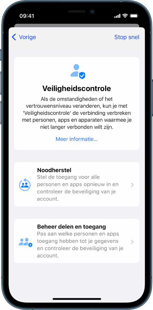 Een iPhone met het scherm van Veiligheidscontrole.