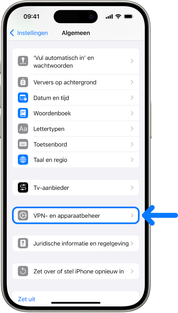 Een iPhone-scherm waarop 'VPN- en apparaatbeheer' is geselecteerd.