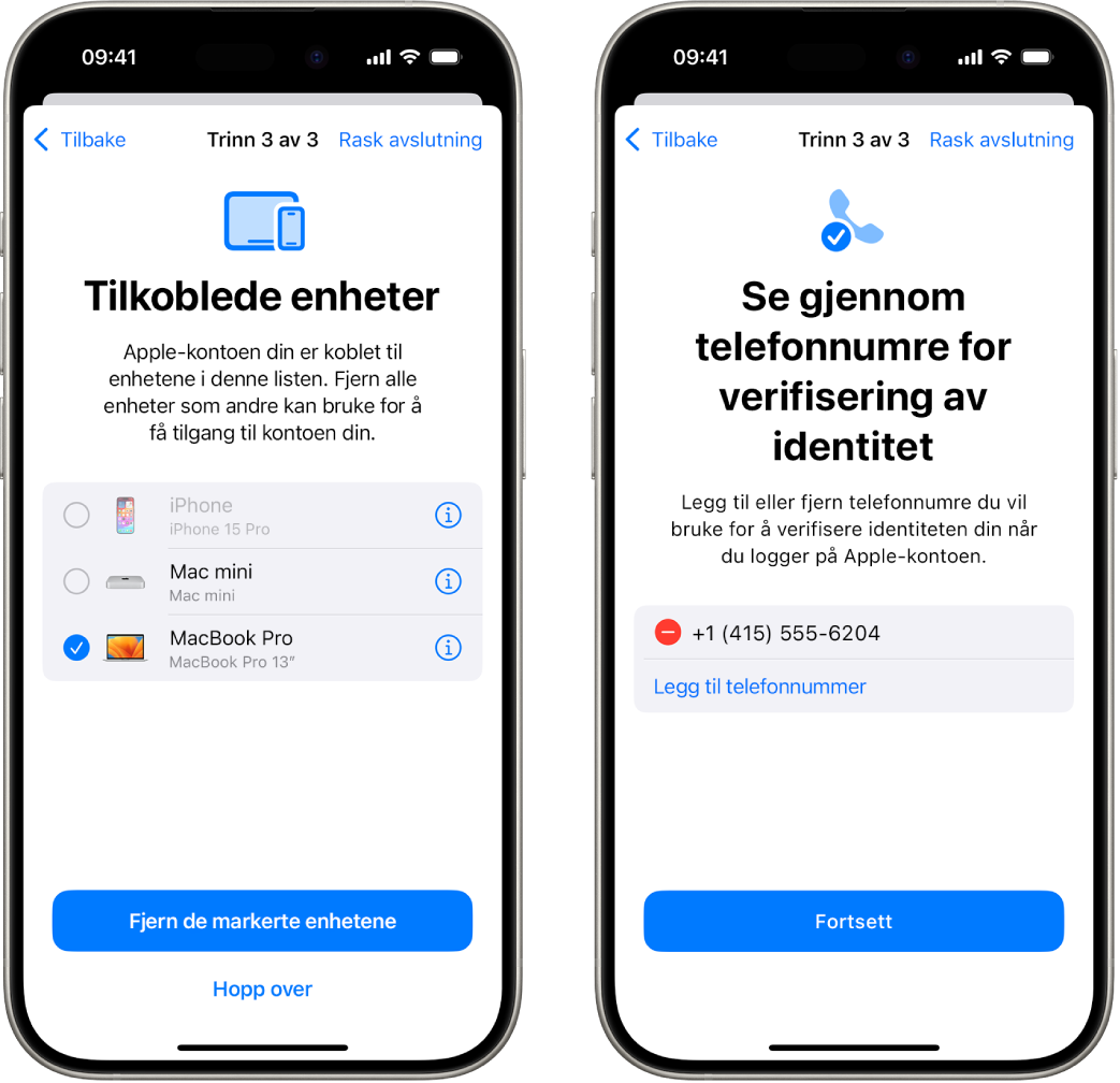 To iPhone-skjermer som viser (1) en markert enhet som skal fjernes fra registrerte enheter, (2) en skjerm for å redigere registrerte telefonnummer.