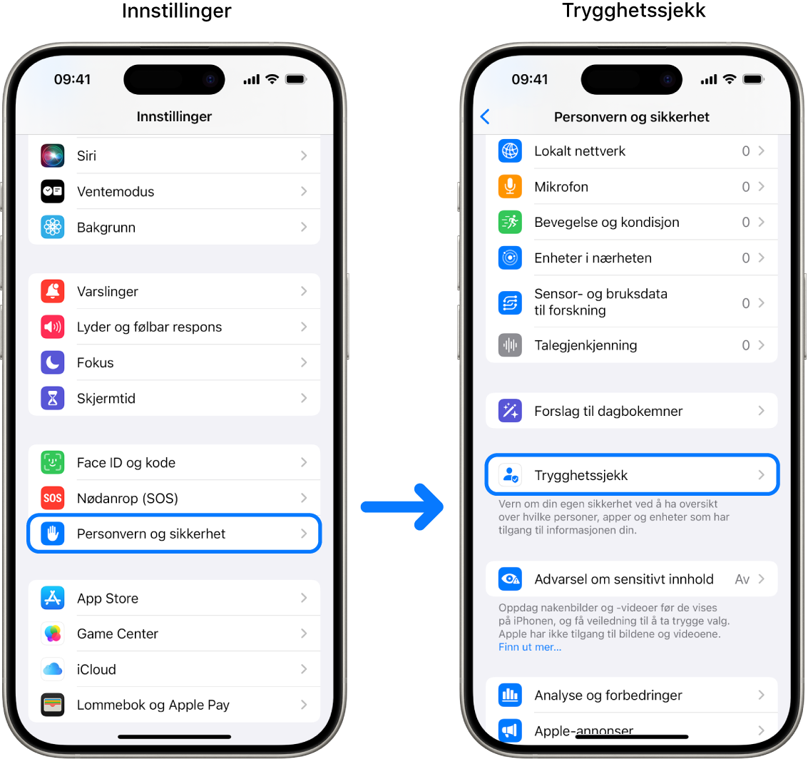Måten å åpne Trygghetssjekk på fra Innstillinger-appen.