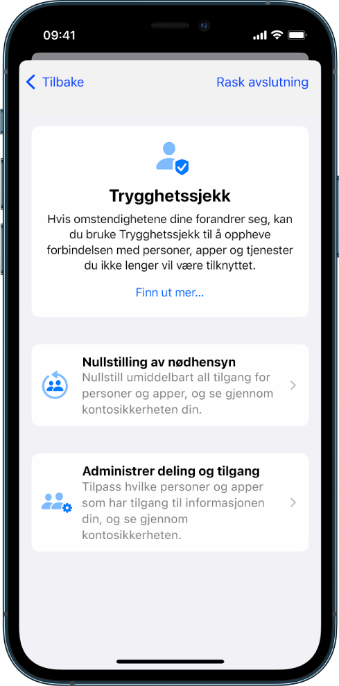 En iPhone som viser Trygghetssjekk-skjermen.