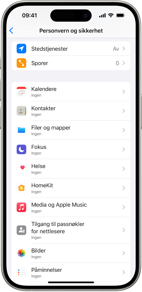 En iPhone som viser skjermen Personvern og sikkerhet i Innstillinger.