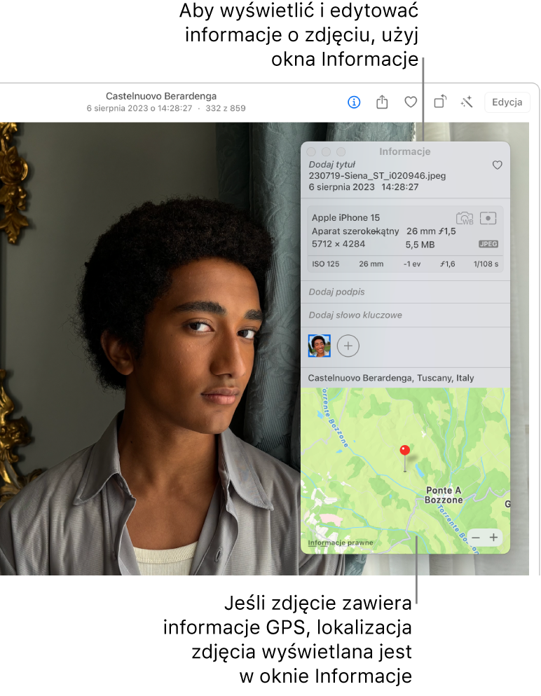 Zdjęcie z wyświetlonymi informacjami o położeniu.