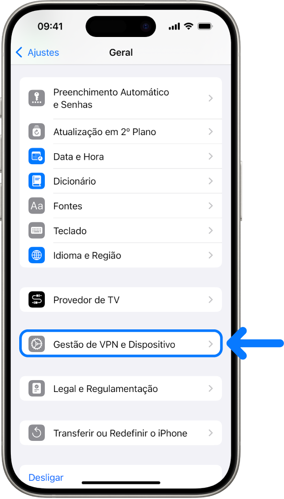 A tela de um iPhone mostrando a opção Gerenciamento de VPN e Dispositivo selecionada.