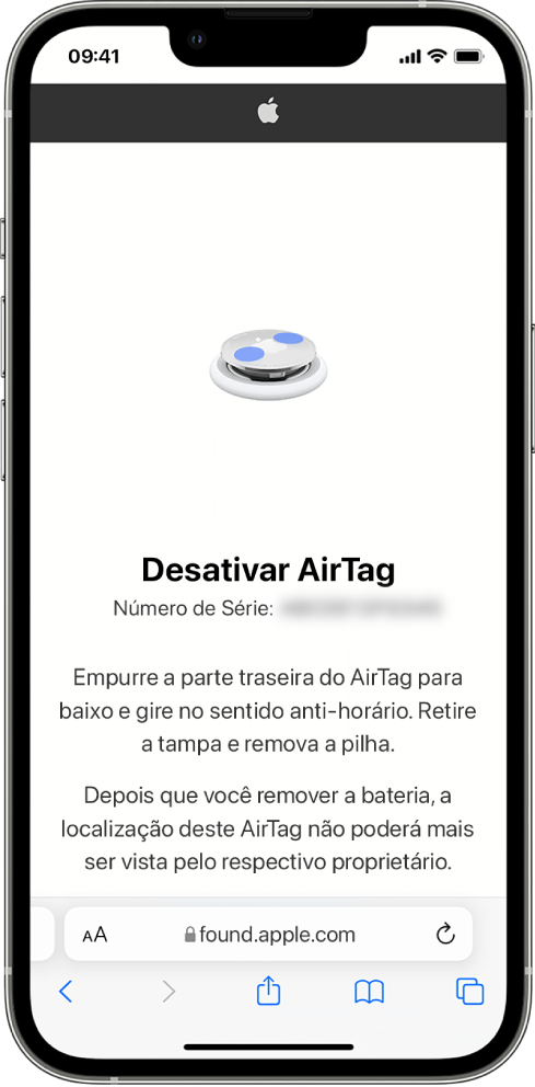 Tela do iPhone mostrando como desativar um AirTag.