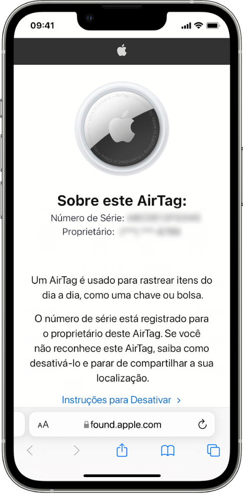 Tela do iPhone mostrando informações sobre um AirTag.