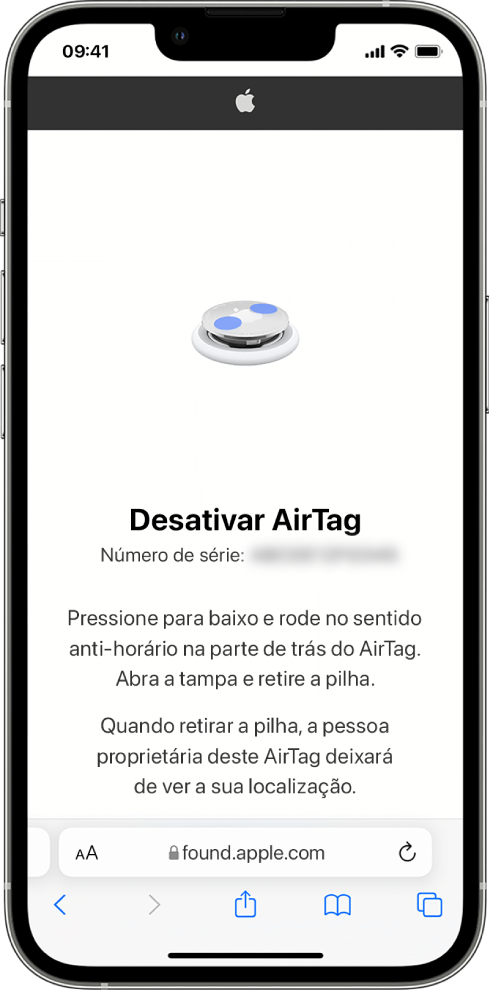 O ecrã de um iPhone a mostrar como desativar um AirTag.