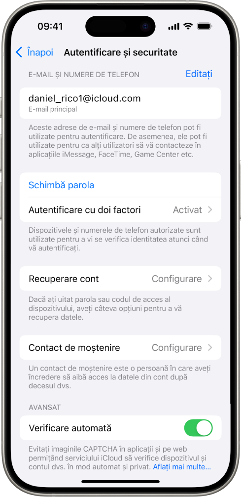 Ecranul unui iPhone afișând autentificarea cu doi factori dezactivată.