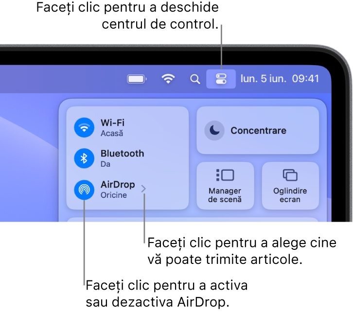 Utilizarea AirDrop din Centru de control.