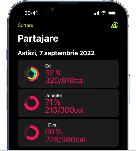 Ecranul unui iPhone prezentând datele de activitate partajate cu alte două persoane.