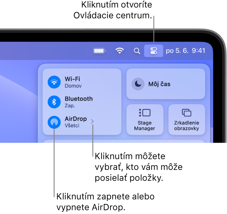 Používanie AirDropu z Ovládacieho centra.