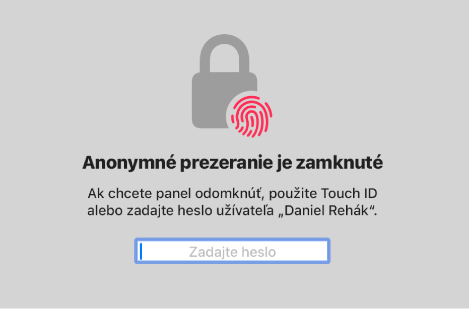 Obrazovka anonymného prezerania zobrazujúca, že je zamknutá.