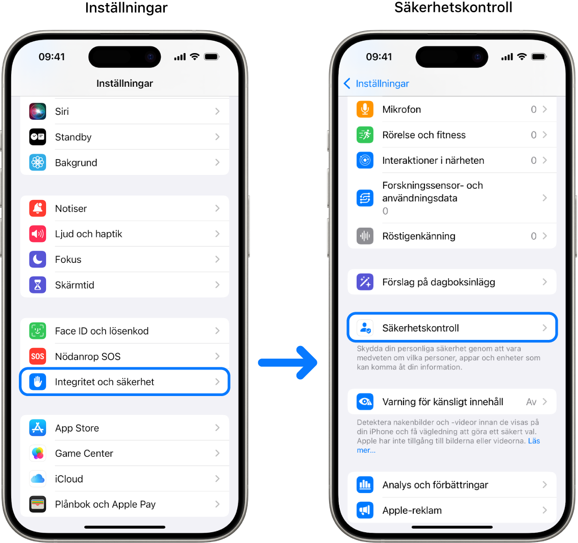 Så här kommer du åt Säkerhetskontroll i appen Inställningar.
