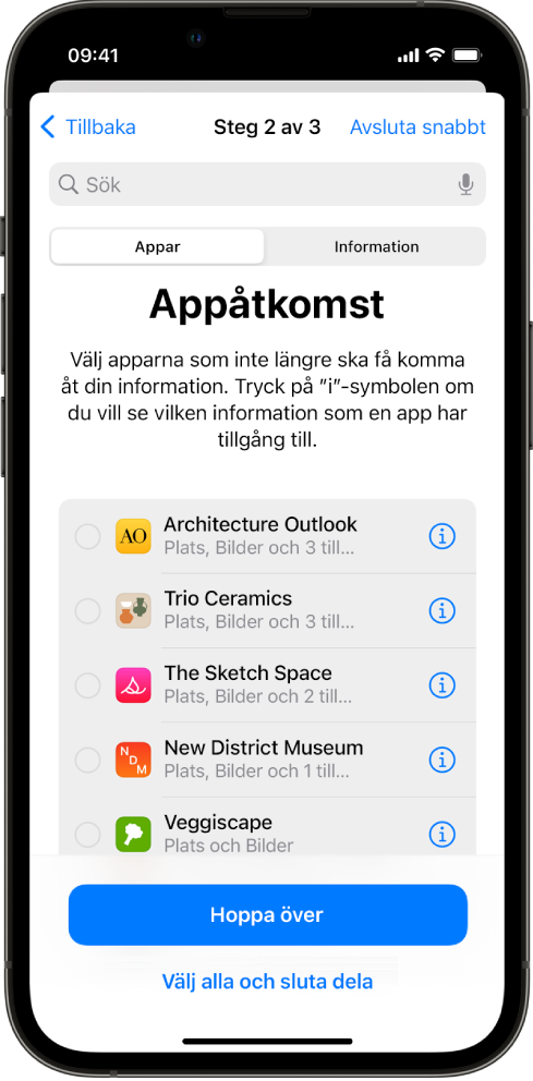 En skärm i Säkerhetskontroll som visar information som delas med specifika appar.