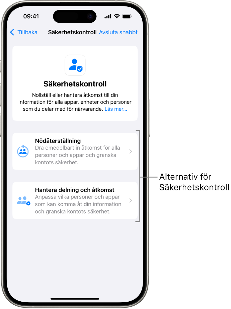 En skärm som visar de två alternativ som finns i Säkerhetskontroll: Nödåterställning och Hantera delning och åtkomst.