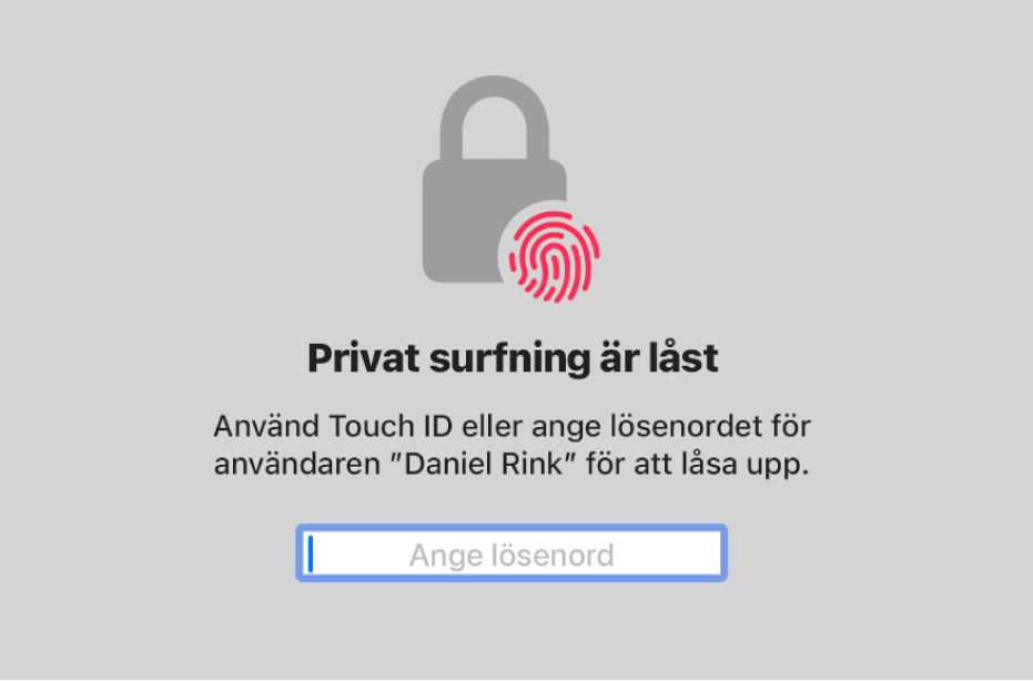 En privat surfningsskärm visar att den är låst.