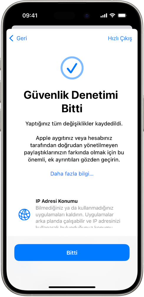 Güvenlik Denetimi’nin tamamlandığını gösteren bir Güvenlik Denetimi ekranı.